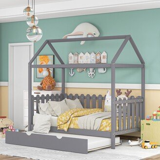 NINEDIN Twin Size House Bed with Trundle and Fence-Shaped Guardrail,Wooden Bunkbed Fram for Boys/Girls/Teens/Kids Bedroom, Grey