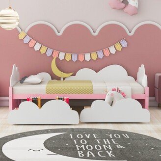 NOVABASA Pine Wood Twin Daybed with Storage Drawers,Unique Kids Bed Platform Bed with Clouds and Crescent Moon Decor，White Pink
