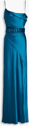 Belira draped belted satin-crepe gown