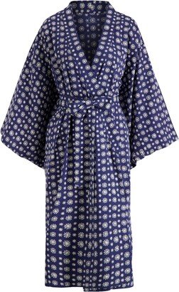 Kate Austin Designs Lena Organic Cotton Lounge Kimono Robe With Obi Belt Tie And Hidden Sleeve Pockets In Midnight Navy And White Snowflake Block Print