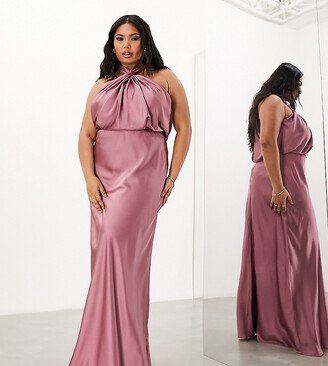 ASOS DESIGN Bridesmaid Curve satin ruched halter neck maxi dress in orchid