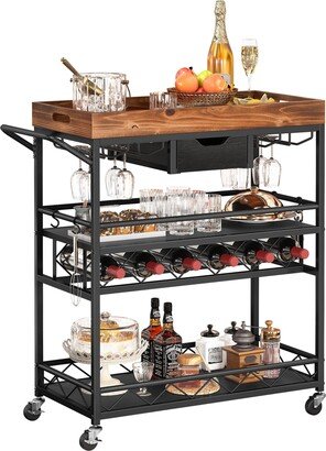 Moasis Mobile Serving Bar Cart with Removable Wood Top Tray Wine Rack Glass Holder