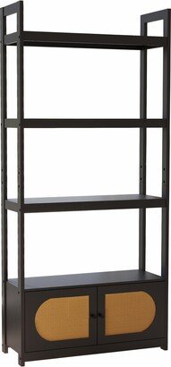 IGEMAN Woven Cane 4-Tier Bookshelf Storage Rack Shelves with 2 Doors Wooden Freestanding Bookcases, Black