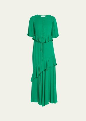 Flutter-Sleeve Drawstring Ruffle Maxi Dress