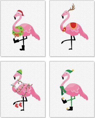 Big Dot of Happiness Flamingle Bells - Unframed Tropical Christmas Linen Paper Wall Art - Set of 4 - Artisms - 8 x 10 inches