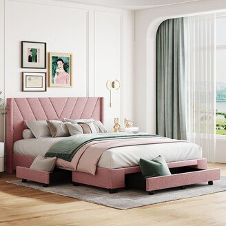 Calnod [Elegant Design] Spacious and Sturdy: Linen Upholstered Queen Size Storage Bed with 3 Drawers, Sturdy Wood Frame