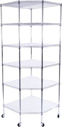 6-Layer Plastic Coated Polygonal Corner Shelf with 2 PP Wheels - Black