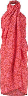 Kate Austin Designs Lightweight Anni Organic Cotton Satin Beach Cover-Up Sarong With Tassels In Orange And Pink Rose Block Print