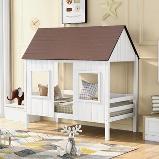 RASOO Twin Size Low Loft Wood House Bed with Two Front Windows, Playhouse Design