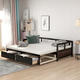 GREATPLANINC Extendable Daybed with 2 Storage Drawers, Twin to King Daybed, Wooden Roll Out Platform Sofa Bed Frame for Bedroom Living Room