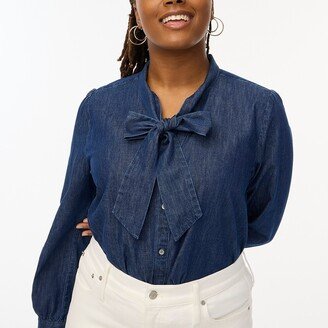 Women's Petite Chambray Bow Tie-Neck Top