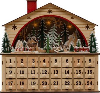 14 L x 4 W x 13-1/4H MDF House in Winter Scene Advent Calendar w/ 24 Drawers & LED Light