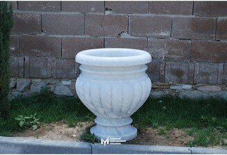 White Marble Melon Sliced Cambered Outside Flowerpot - Handcrafted, 100% Natural Stone, Stilish Garden