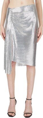 Asymmetric Metallic Ruched Midi Skirt