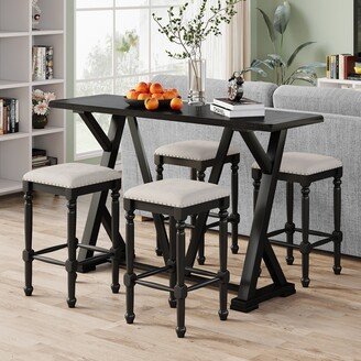 IGEMAN Mid-century Counter Height 5-Piece Dining Set; Wood Console Table with Trestle Legs and 4 Stools for Small Places; Black - 60