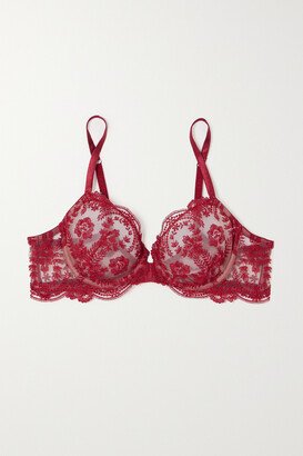 Tuscan Holiday Satin-trimmed Embroidered Tulle Underwired Bra - 32B