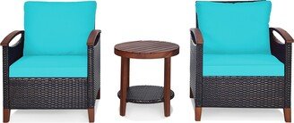 3PCS Patio Rattan Furniture Set with Cushioned Chair and Wooden Frame