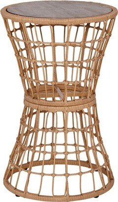 Emma and Oliver All-Weather Natural Faux Rattan Rope Patio Table with Natural Acacia Wood Top for Indoor and Outdoor Use