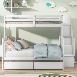 Twin Over Full Bunk Bed with 2 Drawers and Staircases, Convertible into 2 Beds, the Bunk Bed with Staircase and Safety Rails