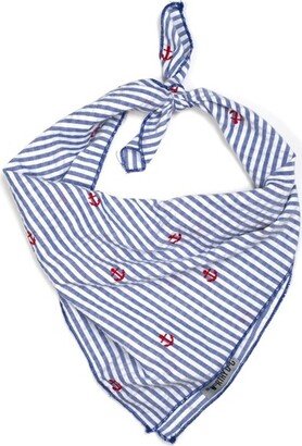 The Worthy Dog Seersucker Stripe Embroidered Anchors Classic Square Tie-On Bandana - Navy - S