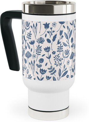 Travel Mugs: Folk Botanical Print - Blue Travel Mug With Handle, 17Oz, Blue
