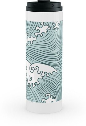 Travel Mugs: Japanese Waves Stainless Mug, White, 16Oz, Blue