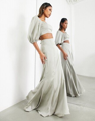 Bridesmaid satin fishtail maxi skirt in sage green - part of a set