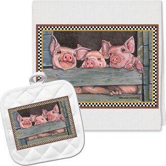 Piglets Farm Kitchen Dish Towel & Pot Holder Gift Set