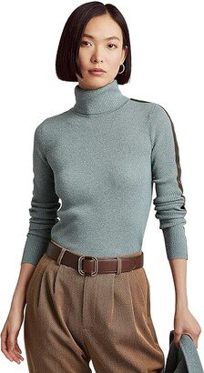 Petite Faux-Leather-Trim Turtleneck Sweater (Light Teal Heather/Chocolate) Women's Clothing