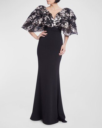 Belted Floral Jacquard & Crepe Mermaid Gown