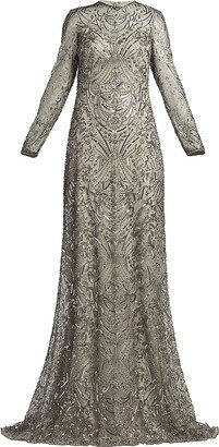 Sequin & Bead-Embellished Long-Sleeve Gown