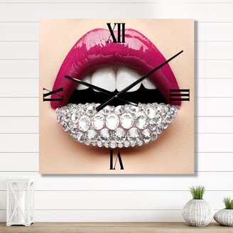 Designart 'Woman Lips With Pink Lipstick White Diamonds' Modern Metal Wall Clock