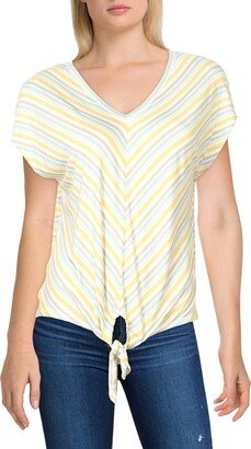 Tribal Jeans Petites Womens Striped Tie Front Pullover Top