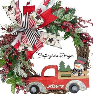 Snowman Christmas Wreath/Grapevine Red Truck With Door Hanger