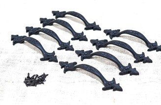 8 Cast Iron Handles, Bin Pulls, Door Drawer Cupboard Black Hardware, 6 1/2