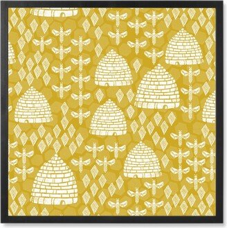 Photo Tiles: Bee Hives, Spring Florals Linocut Block Printed - Golden Yellow Photo Tile, Black, Framed, 8X8, Yellow