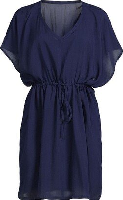 Women's Sheer Modal Oversized Short Sleeve Gathered Waist Swim Cover-up Dress - Large - Deep Sea Navy