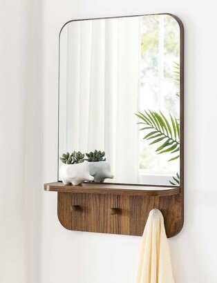 Hollow Modern Walnut Wall Mirror with Shelf and Hooks