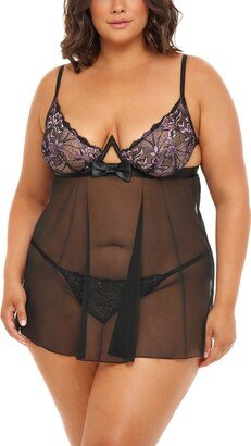 Plus Size Riley Empire Waist Babydoll with Bow and G-string Set - Black, Pink Tulle