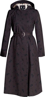 Rainsisters Short Brown Coat In Trapeze Cut With Black Floral Print: Velvet Leaves