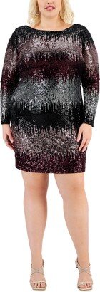 Trendy Plus Size Sequin Long-Sleeve Dress - Black/Wine/Silver