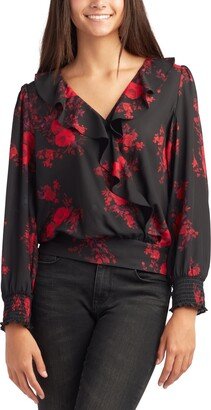 Juniors' Floral-Print Ruffle-Trim Blouson Top