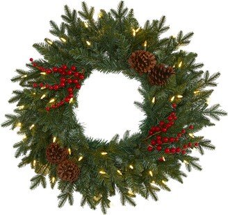 Pine Artificial Christmas Wreath with 50 Warm Led Lights, Berries and Pine Cones