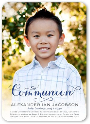 First Communion Invitations: Delightful Day Boy Communion Invitation, Blue, Matte, Signature Smooth Cardstock, Rounded