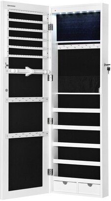 Full Screen Mirrored Jewelry Cabinet Armoire, 6 LEDs Jewelry Organizer Wall Hanging/Door Mounted, Larger Capacity, Pure White