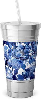 Travel Mugs: Chintz Peonies - Blue Stainless Tumbler With Straw, 18Oz, Blue