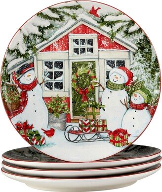 Snowman's Farmhouse 4 Piece Dinner Plate Set - Red, Green, White