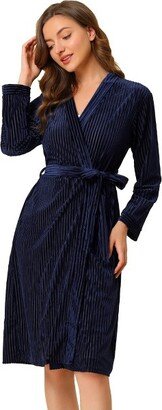 Allegra K Women' Belt Tie Robe Winter Pajama Nightgown Midi Warm Bathrobe Navy S