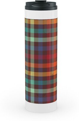 Travel Mugs: Retro Rainbow Plaid Stainless Mug, White, 20Oz, Multicolor