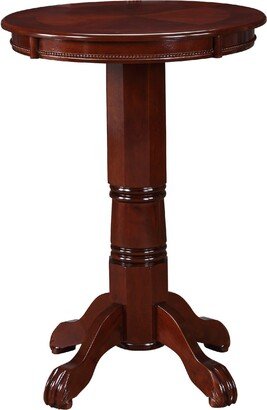 Ava 42 Inch Wood Pub Bar Table, Sunburst Design, Carved Pedestal, Dark Brown